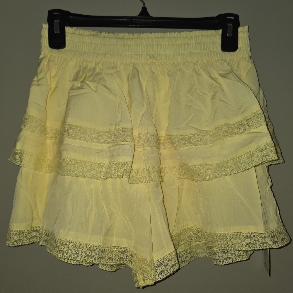 Miyieonz Womens Yellow Tiered Ruffle Lace Trim skort Elastic Waist Viscose M NEW